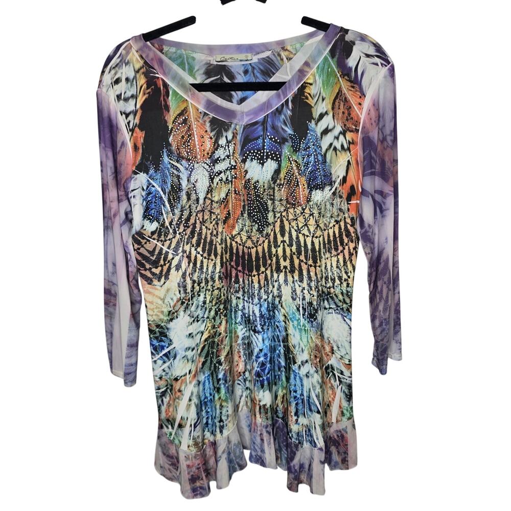 Cactus Long Sleeve V-Neck Multicolor Feather Print Rhinestone Tunic Top Small